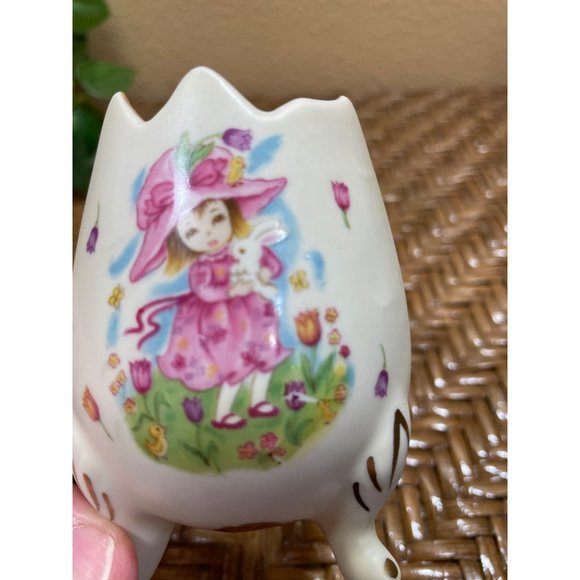 Vintage Geo Z Lefton Egg Cup Vase Handpainted Girl Flowers Spring Easter - Picture 2 of 14